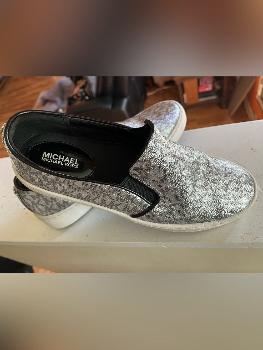Michael Kors Silver Metallic MK Monogram Slip-On Shoes
